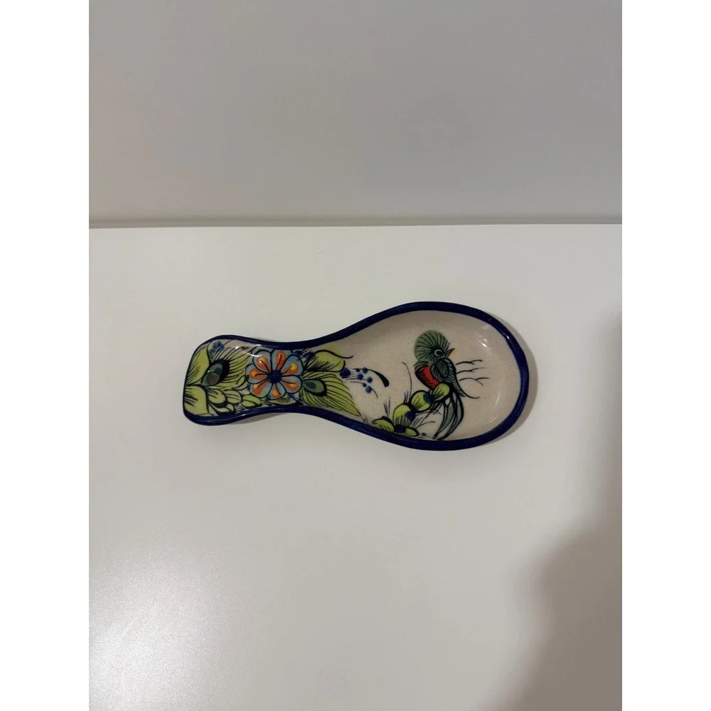 Talavera Mexican Pottery Spoon Rest Hand Painted Bird Floral Ceramic Folk Art